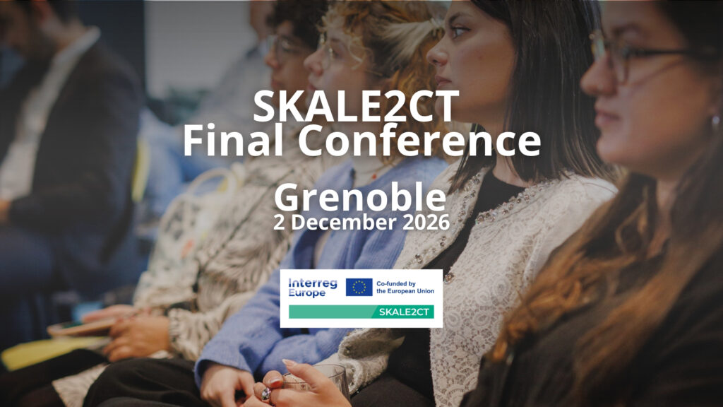 People sitting at a conference withe the text "SKALE2CT Final Conference, Grenoble, 2 December 2026"
